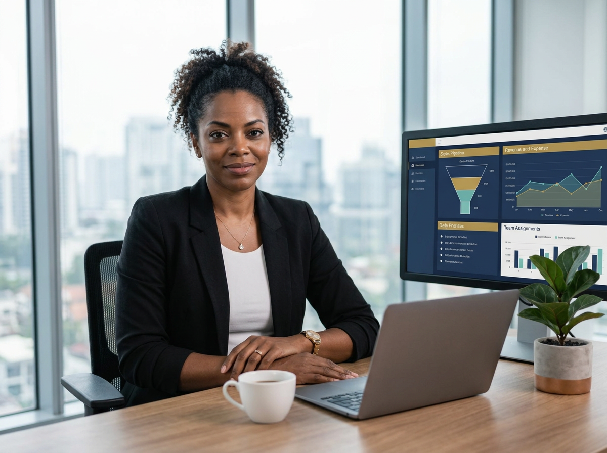 The same business owner, calm and confident in a modern executive office with a clean business dashboard showing pipeline, revenue and priorities