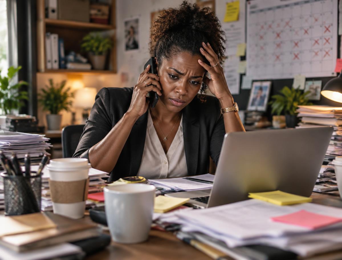 Overwhelmed small business owner on the phone at a desk buried in papers, sticky notes and a calendar of missed appointments